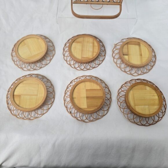 Geisha Bamboo Asian Wicker Coaster Set of 6 with Holder Vintage - Picture 2 of 16